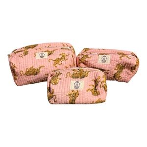 Large, Medium & Small Pink Quilted Pouch with Tiger Print